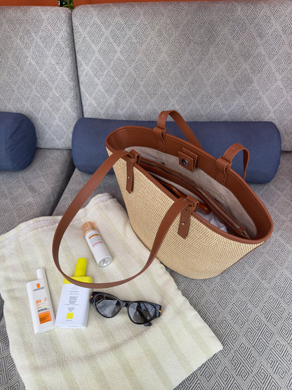 Raffia Double Leather Handle Tote Bag