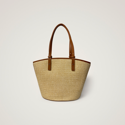 Raffia Double Leather Handle Tote Bag
