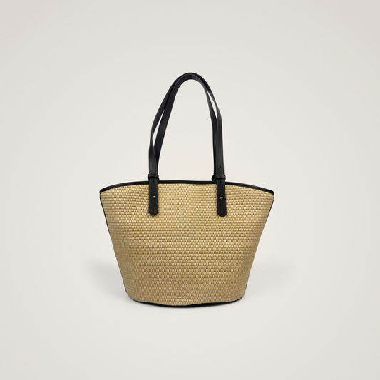 Raffia Double Leather Handle Tote Bag